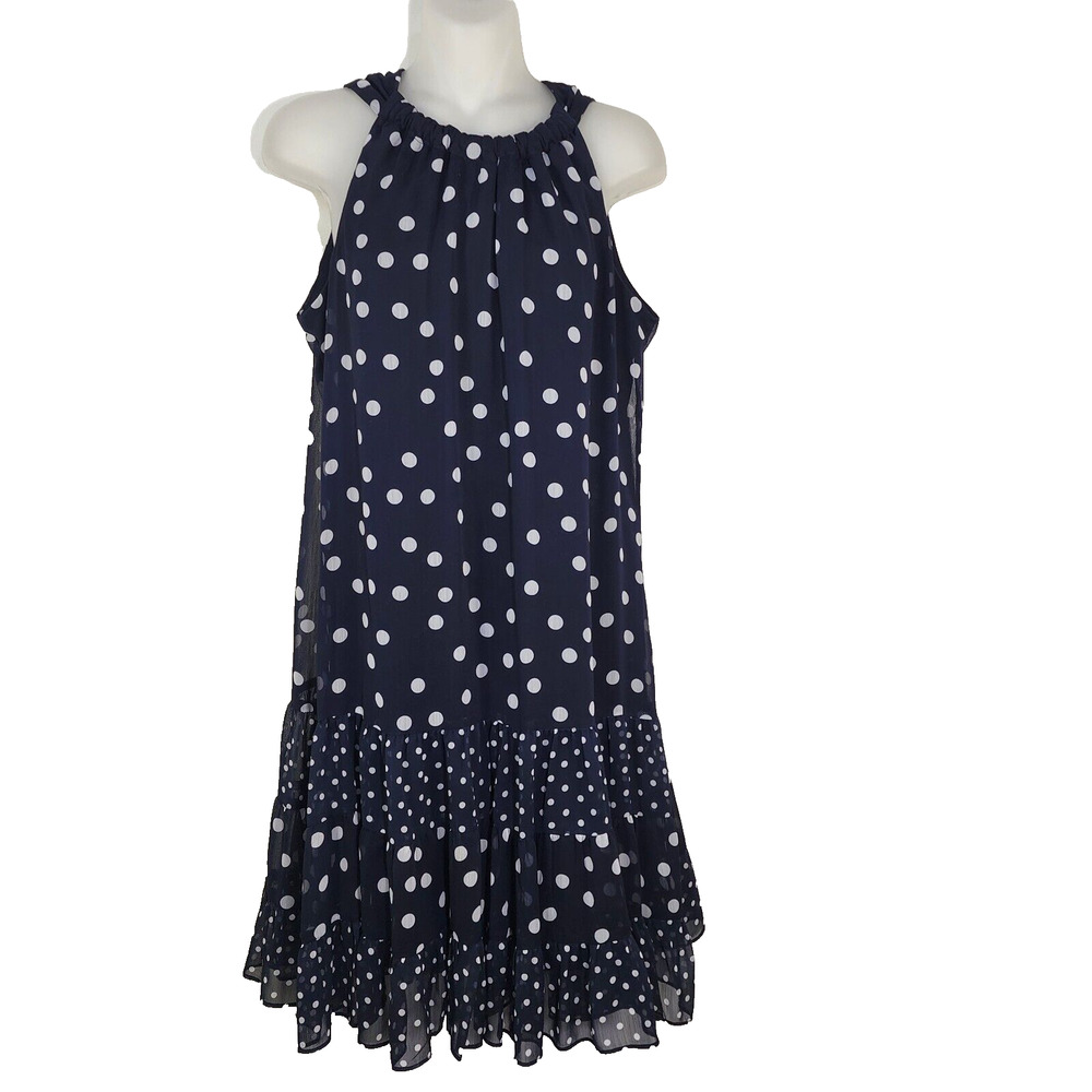Prelude Womens Dress Size 10 Navy White Polka Dot Sleeveless Lined Knee Length